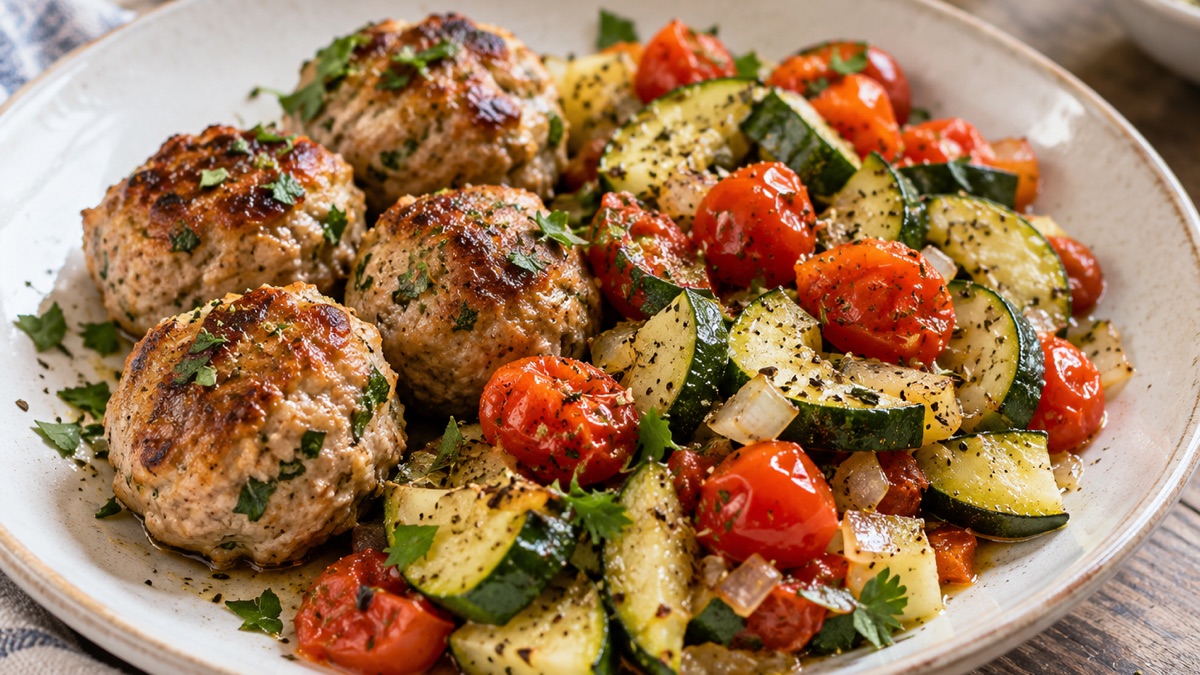 Boulettes de dinde aux herbes et poêlée de courgettes et tomates cerises, recette du pôle santé A.WAY à Quetigny près de Dijon.