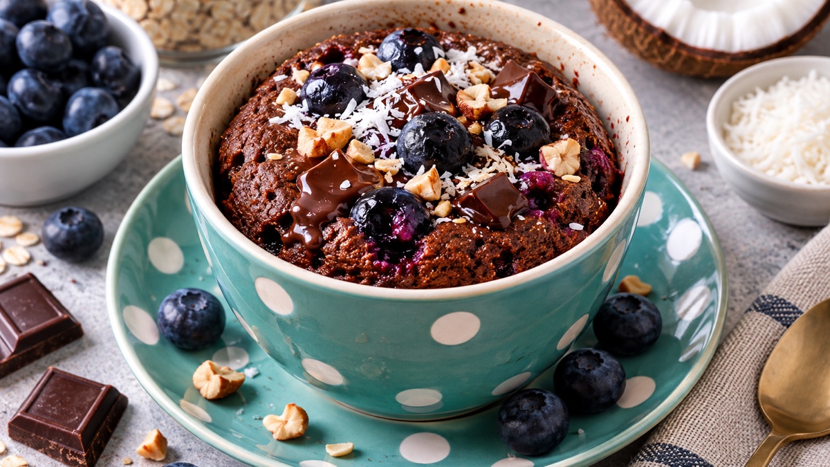 Bowl-cake Choco-myrtilles, recette du pôle santé A.WAY à Quetigny près de Dijon.