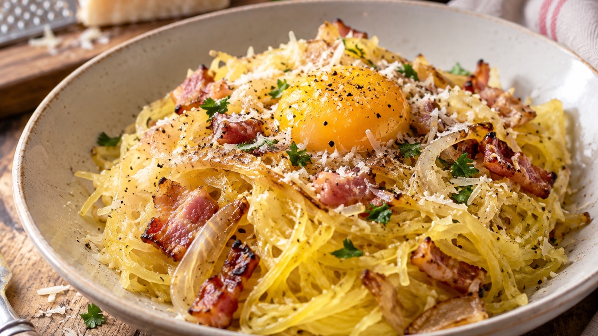 Carbonara de Courge Spaghetti, recette du pôle santé A.WAY à Quetigny près de Dijon.
