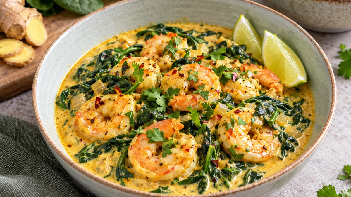 Curry de Crevettes aux Épinards et Lait de Coco, recette du pôle santé A.WAY à Quetigny près de Dijon.