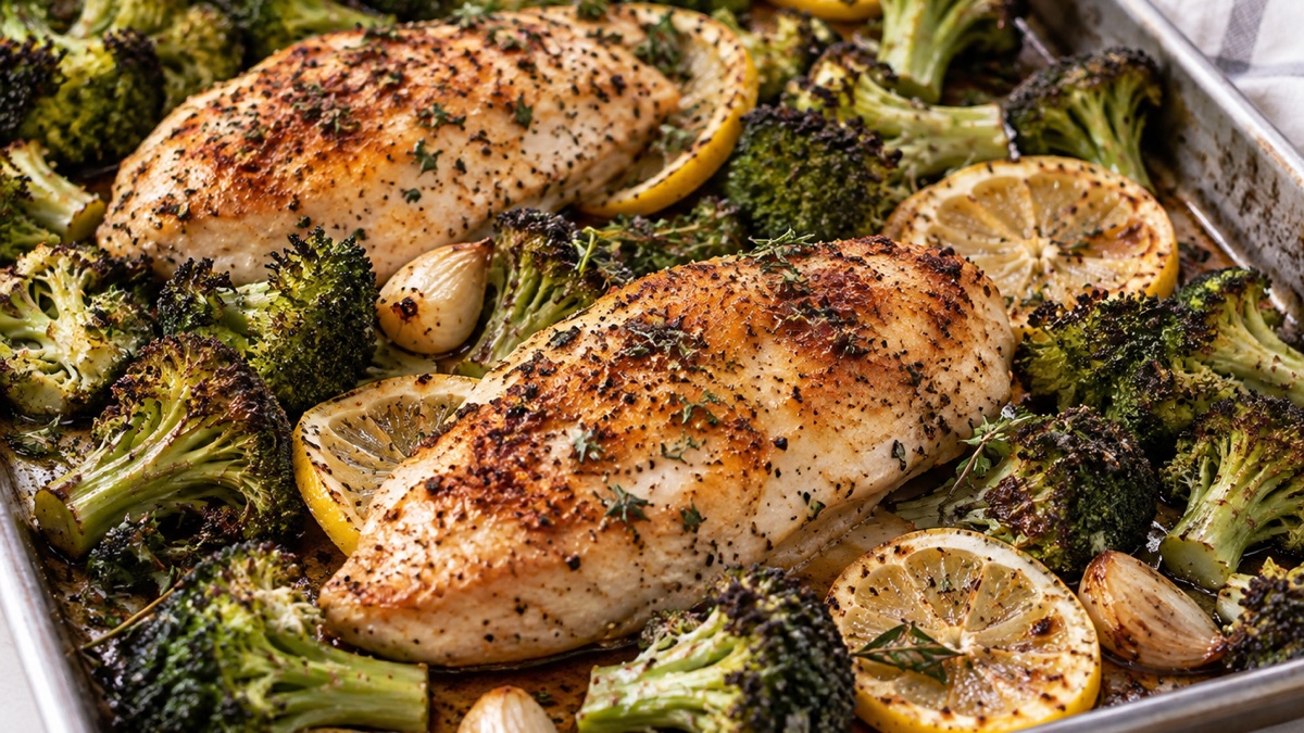 Poulet rôti au citron et brocolis sur une plaque, recette du pôle santé A.WAY à Quetigny près de Dijon.