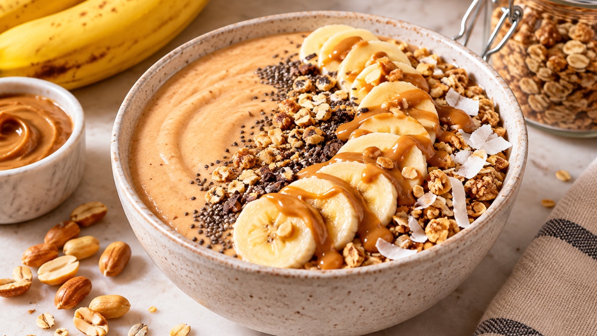 Smoothie-bowl Banane-cacahuète, recette du pôle santé A.WAY à Quetigny près de Dijon.