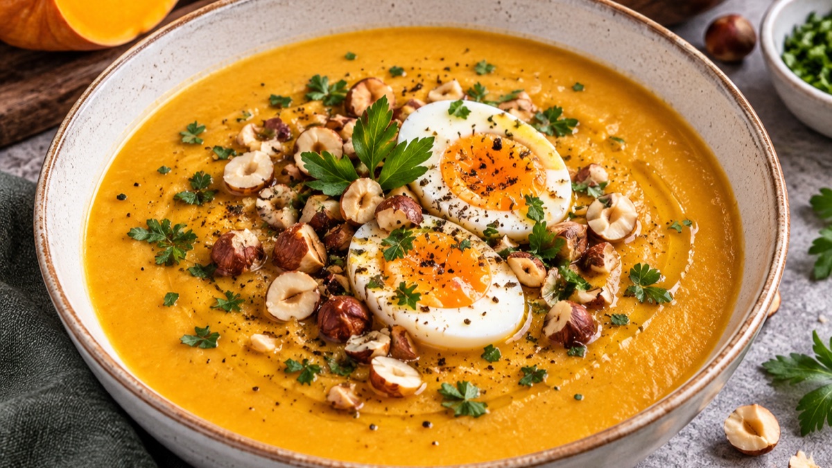 Velouté de Potiron aux Noisettes et Œuf Mollet, recette du pôle santé A.WAY à Quetigny près de Dijon.
